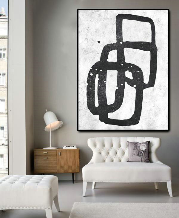 Modern Wall Art,Black And White Minimal Painting On Canvas - Modern Paintings